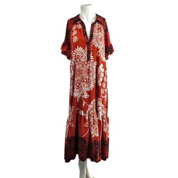 By ANTHROPOLOGIE Ruffle-Sleeve Maxi Dress S Tiered Medallion Print Boho Breezy - Picture 7 of 12